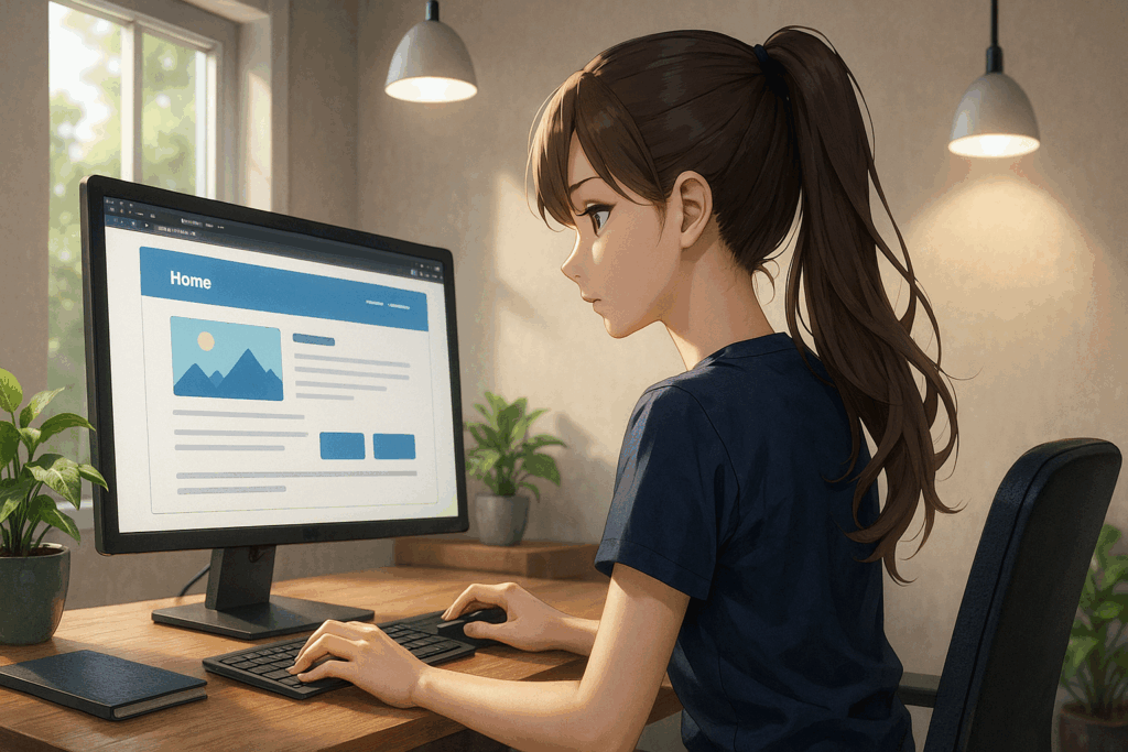 ホームページ制作を相談しながら進めているアニメ調の作業イラスト